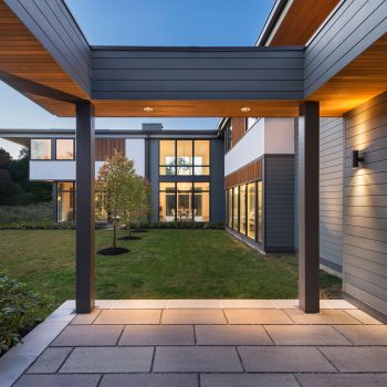 entry courtyard of 2-story modern home