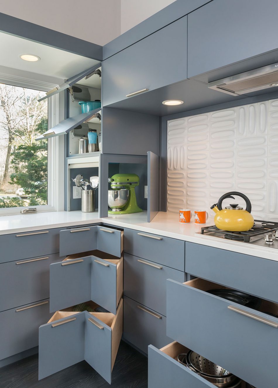 mid-century modern kitchen storage custom corner drawers