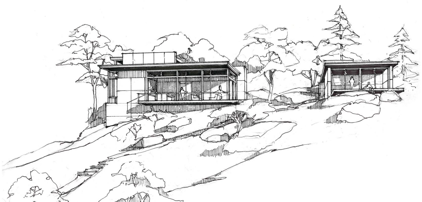 hand drawing sketch of home and studio exterior on ledge